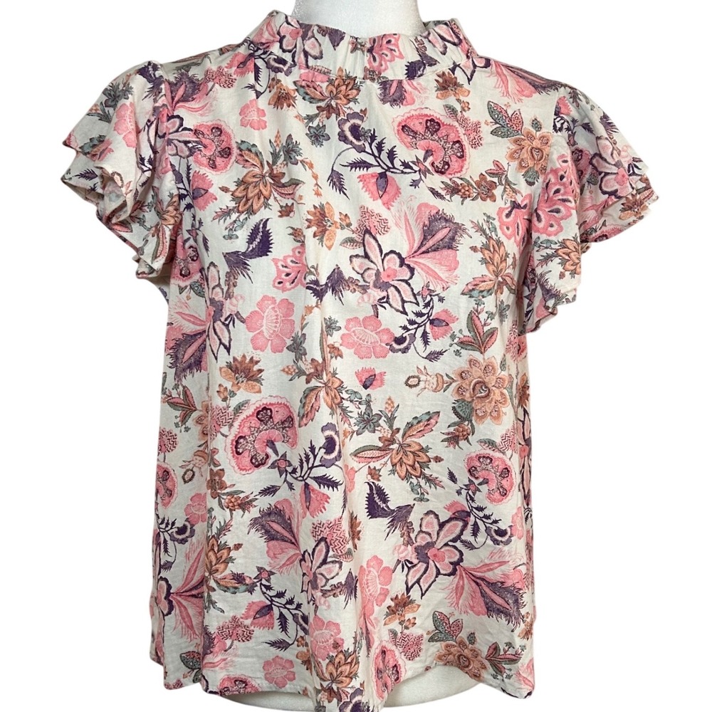 Who What Wear Floral Linen Blend Flutter Sleeve Mock Neck Blouse Pink Medium EUC